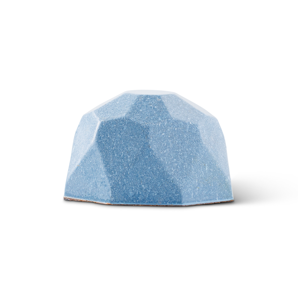 A small faceted dome-shaped object in light blue with a speckled texture, centered on a plain white background.